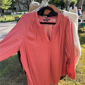 Coral Blouse with Gathered Neckline